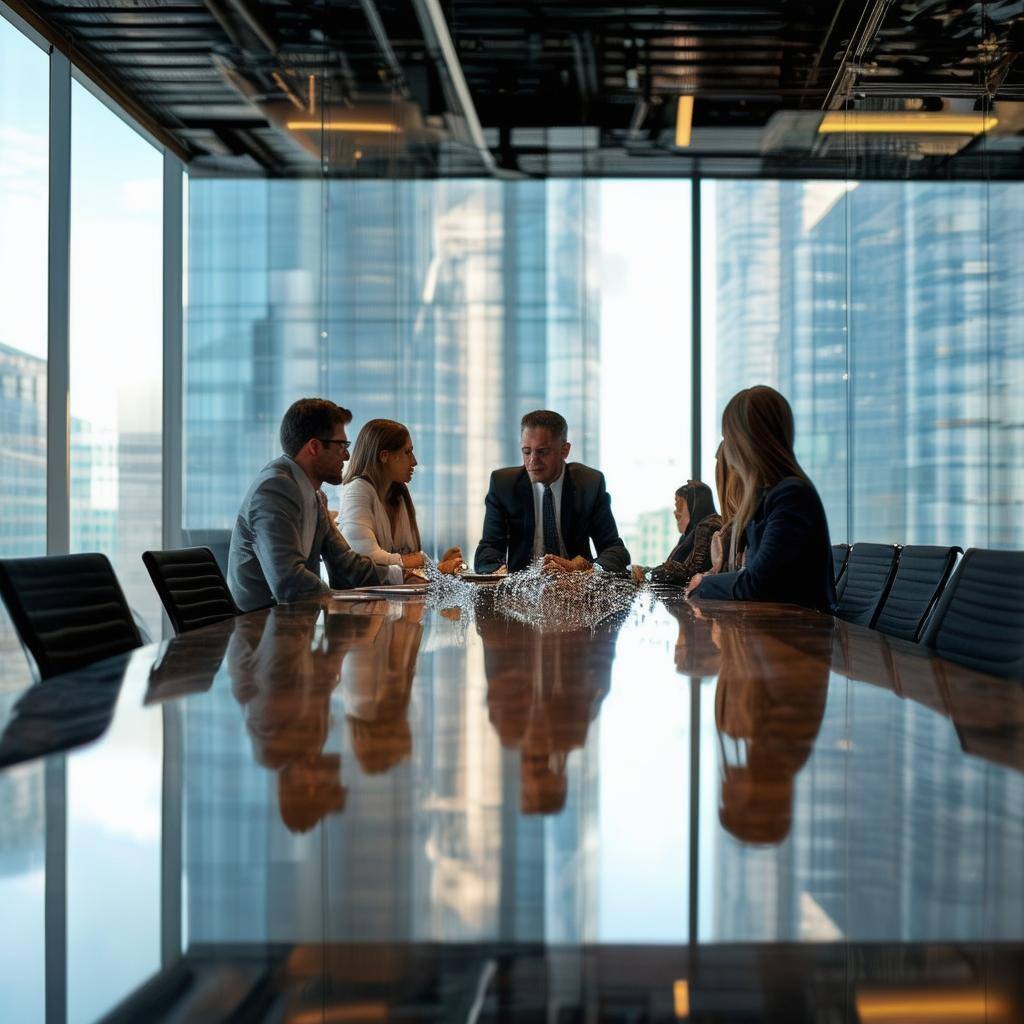 Real modern people in a board room with water